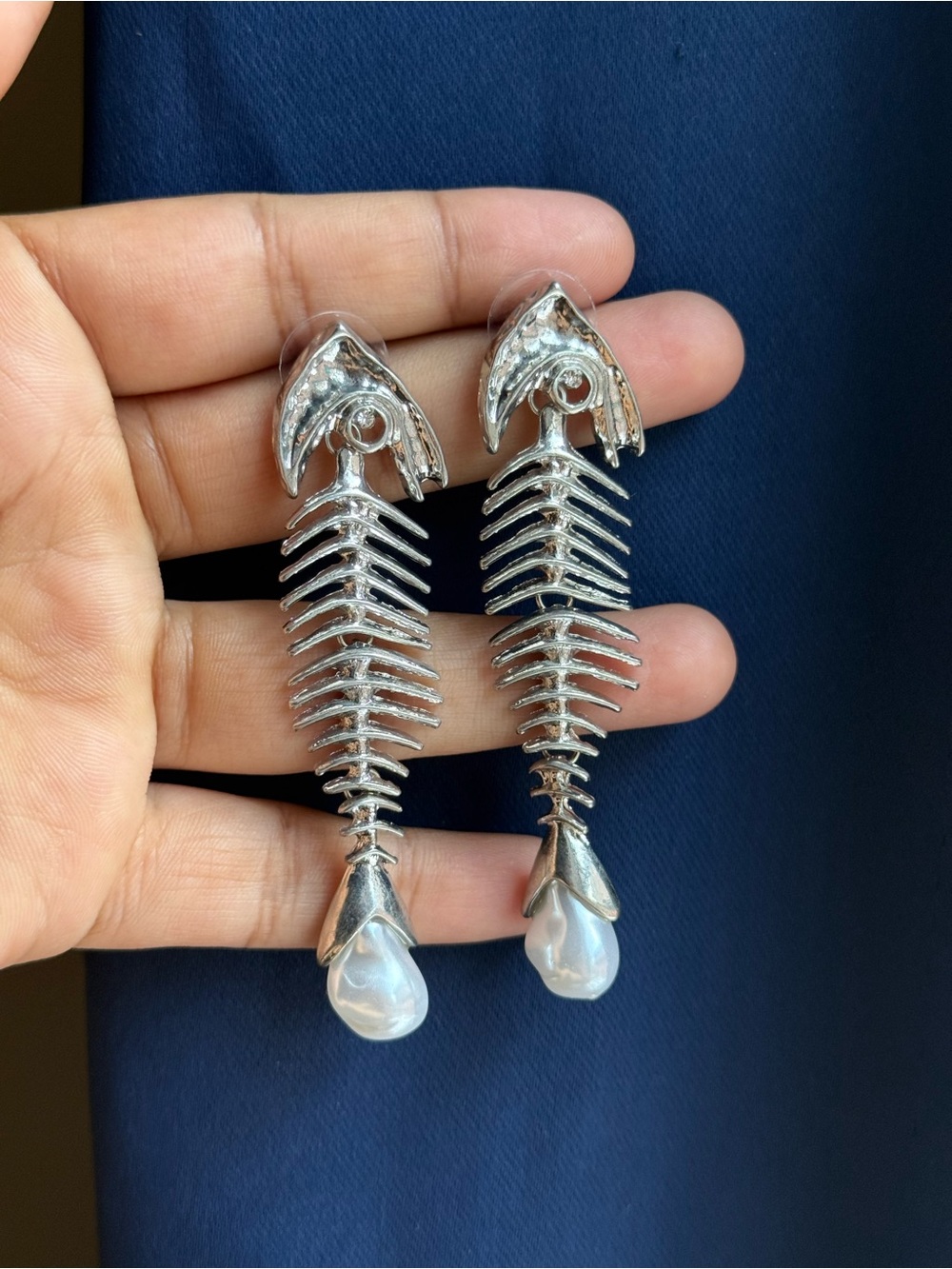 Silver Fishbone Drop Earrings with Pearl Teardrops